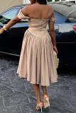 Dark Khaki Elegant Solid Color Patchwork Backless Ruched Off Shoulder Long Dresses