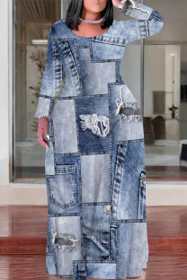 Baby Blue Casual Street Faux Denim Print Pocket Contrast O Neck Printed Plus Size Dresses