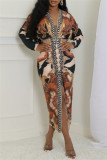 Black Apricot Casual Print Patchwork Slit V Neck Long Dresses