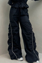 Black Casual Solid Color Patchwork Ruched Loose High Waist Patchwork Bottoms