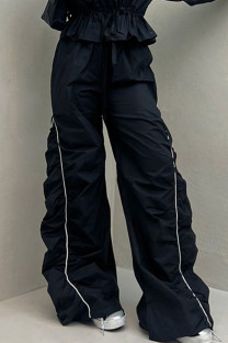 Black Casual Solid Color Patchwork Ruched Loose High Waist Patchwork Bottoms