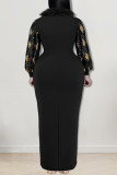 Ink Green Elegant Geometric Print Patchwork Slit Fluffy O Neck Long Plus Size Dresses