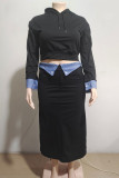 Matcha Green Casual Draw String Pocket Patchwork Slit Contrast Hooded Long Sleeve Two Pieces
