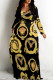 Black Gold Casual Street Floral Print Letters Chain print Pocket Contrast V Neck Printed Dresses