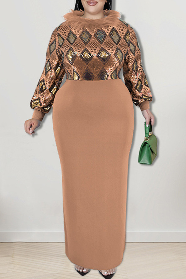 Apricot Elegant Geometric Print Patchwork Slit Fluffy O Neck Long Plus Size Dresses