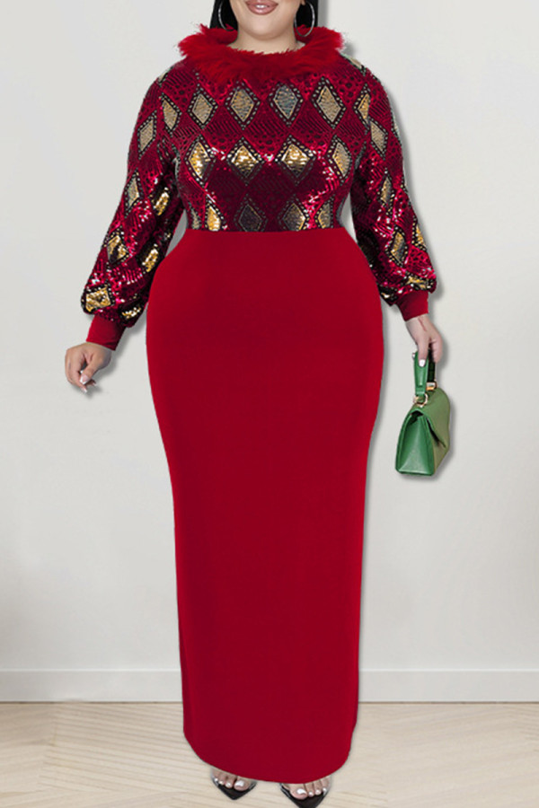 Red Elegant Geometric Print Patchwork Slit Fluffy O Neck Long Plus Size Dresses
