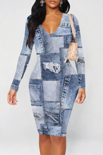 Baby Blue Casual Street Faux Denim Print Contrast V Neck Printed Dresses