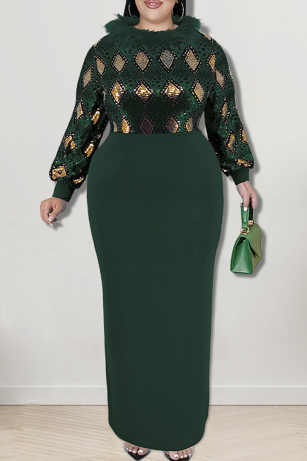 Ink Green Elegant Geometric Print Patchwork Slit Fluffy O Neck Long Plus Size Dresses