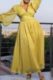 Yellow Elegant Solid Color Patchwork Slit Ruched Deep V Neck Long Dresses