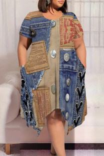 Multicolor Casual Street Faux Denim Print Pocket Irregular Contrast O Neck Printed Plus Size Dresses