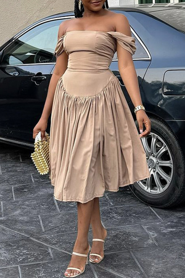 Dark Khaki Elegant Solid Color Patchwork Backless Ruched Off Shoulder Long Dresses