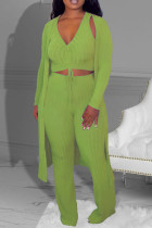 Green Casual Solid Color Draw String Patchwork V Neck Long Sleeve Three Pieces
