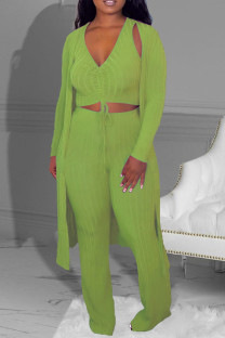 Green Casual Solid Color Draw String Patchwork V Neck Long Sleeve Three Pieces