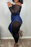 Blue Sexy Buttons Patchwork See-Through Zipper Off Shoulder Long Sleeve Two Pieces