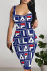 Blue Sexy Street Letter Print Contrast U Neck Printed Dresses
