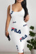 White Sexy Street Letter Print Contrast U Neck Printed Dresses