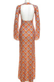 Orange Elegant Print Patchwork Backless O Neck Long Dresses