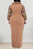 Ink Green Elegant Geometric Print Patchwork Slit Fluffy O Neck Long Plus Size Dresses