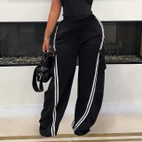 Black Casual Stripe Pocket Patchwork Contrast Loose Mid Waist Wide Leg Patchwork Bottoms