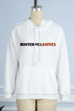 White Casual Street Letter Print Draw String Pocket Hooded Tops