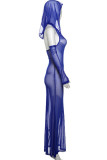 Blue Sexy Solid Color Patchwork See-Through Hooded Long Dresses