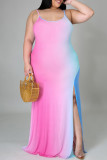 Gradient Color Sexy Gradient Color Patchwork Backless High Slit Spaghetti Strap Sling Plus Size Dresses