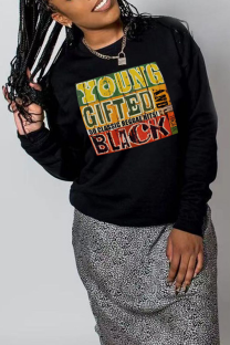 Black Casual Street Letter Print O Neck Tops