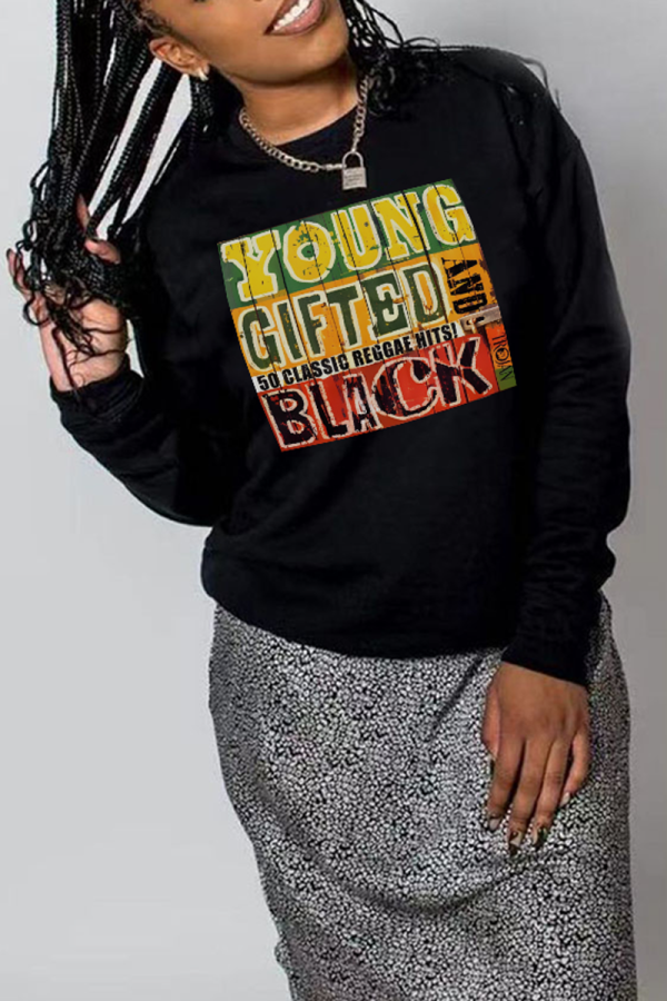 Black Casual Street Letter Print O Neck Tops
