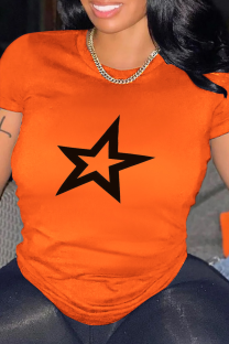 Orange Casual Street The stars Print O Neck T-Shirts