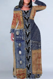 Baby Blue Casual Street Faux Denim Print Pocket Contrast O Neck Printed Plus Size Dresses