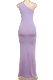 Purple Elegant Solid Color Hollow Out Patchwork Backless High Slit Oblique Collar Long Dresses