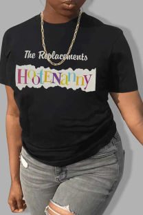 Black Casual Street Letter Print O Neck T-Shirts