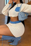 Cream White Casual Pocket Patchwork Contrast O Neck Long Sleeve Two Pieces
