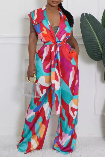 Multicolor Street Print Pocket Patchwork Strap Design V Neck Loose Jumpsuits