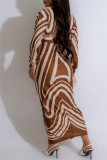 Black Apricot Casual Print Patchwork Slit V Neck Long Dresses