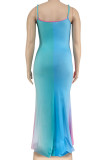 Gradient Color Sexy Gradient Color Patchwork Backless High Slit Spaghetti Strap Sling Plus Size Dresses