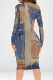 Multicolor Casual Street Faux Denim Print Contrast V Neck Printed Dresses