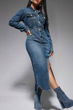 Blue Street Solid Color Pocket Buckle Patchwork Slit Turndown Collar Long Sleeve High Waist Regular Denim Dresses