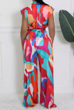 Multicolor Street Print Pocket Patchwork Strap Design V Neck Loose Jumpsuits