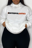 White Casual Street Letter Print Draw String Pocket Hooded Tops