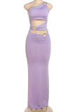 Purple Elegant Solid Color Hollow Out Patchwork Backless High Slit Oblique Collar Long Dresses