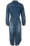 Blue Street Solid Color Pocket Buckle Patchwork Slit Turndown Collar Long Sleeve High Waist Regular Denim Dresses