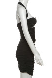 Black Sexy Solid Color Hollow Out Patchwork Backless Heart-shaped Halter Wrapped Skirt Dresses