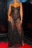 Black Sexy Solid Color Patchwork See-Through Backless Spaghetti Strap Sling Dresses