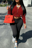 Red Casual Solid Color Zipper Hooded Outerwear