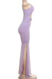 Purple Elegant Solid Color Hollow Out Patchwork Backless High Slit Oblique Collar Long Dresses