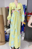 Yellow Sexy Print Hollow Out Patchwork Backless High Slit Strap Design Deep V Neck Long Dresses