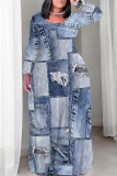 Baby Blue Casual Street Faux Denim Print Pocket Contrast O Neck Printed Plus Size Dresses