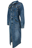 Blue Street Solid Color Pocket Buckle Patchwork Slit Turndown Collar Long Sleeve High Waist Regular Denim Dresses