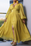 Yellow Elegant Solid Color Patchwork Slit Ruched Deep V Neck Long Dresses